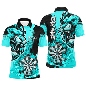 Turquoise Funny Darts Flame Lion Custom Polo & 1/4 Zip, Personalized Men Dart Shirts Dart Jerseys TDM2958