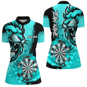 Turquoise Funny Darts Flame Lion Custom Polo & 1/4 Zip, Personalized Women Dart Shirts Dart Jerseys TDM2958