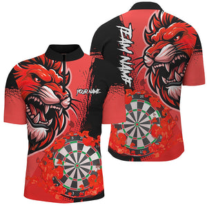 Red Funny Darts Flame Lion Custom Polo & Quarter-Zip, Personalized Men Dart Shirts Dart Jerseys TDM2959