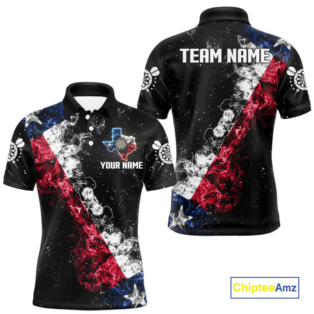 Personalized Black Grunge Texas Flag Smoke Darts Shirt For Men, Patriotic Team Dart Jerseys TDM5178
