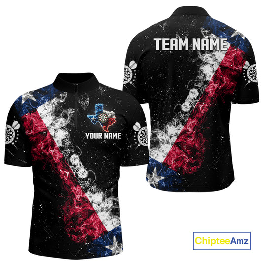 Personalized Black Grunge Texas Flag Smoke Darts Shirt For Men, Patriotic Team Dart Jerseys TDM5178