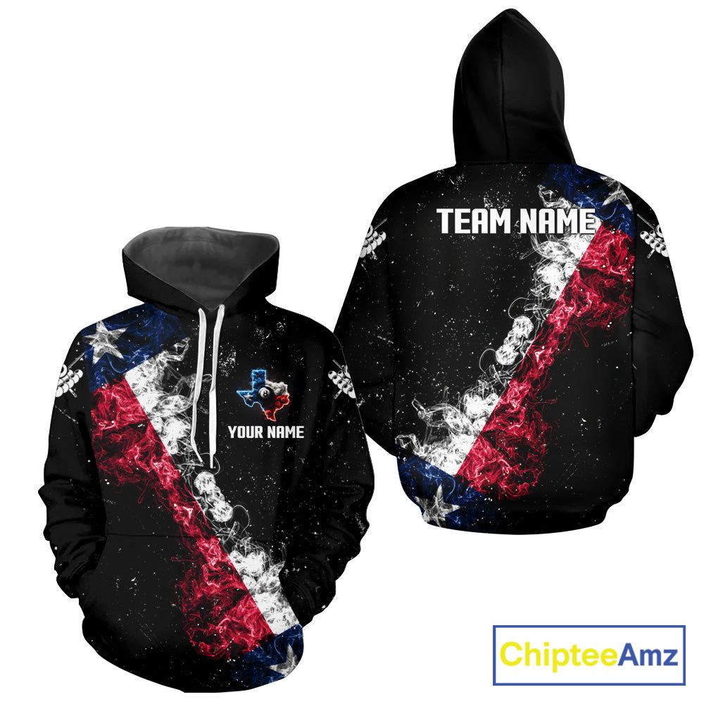 Personalized Grunge Texas Flag Smoke Billiard Hoodie Custom Patriotic Pool Team Shirt, Billiard Jersey TDM3193