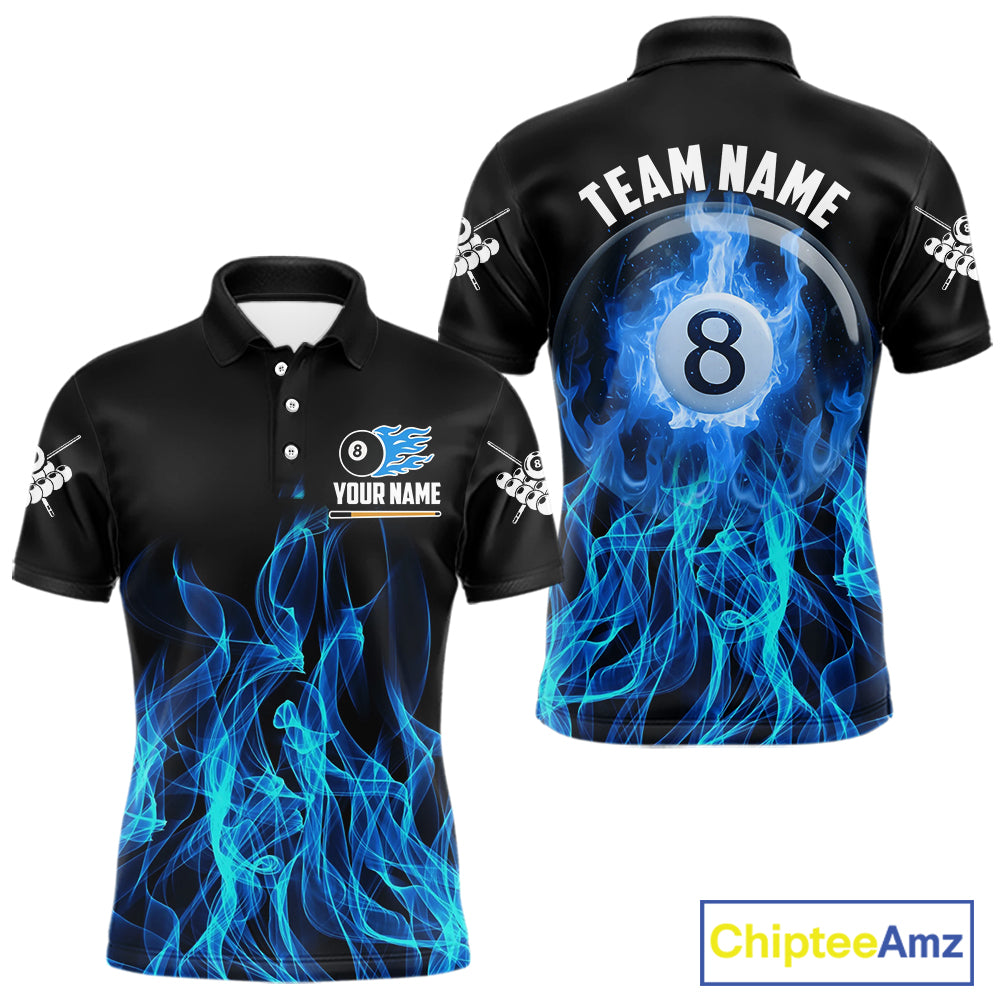 Blue Flaming 8 Ball Billiard Polo & 1/4 Zip For Men Custom Billiard Jersey, Pool Team Shirts TDM5431