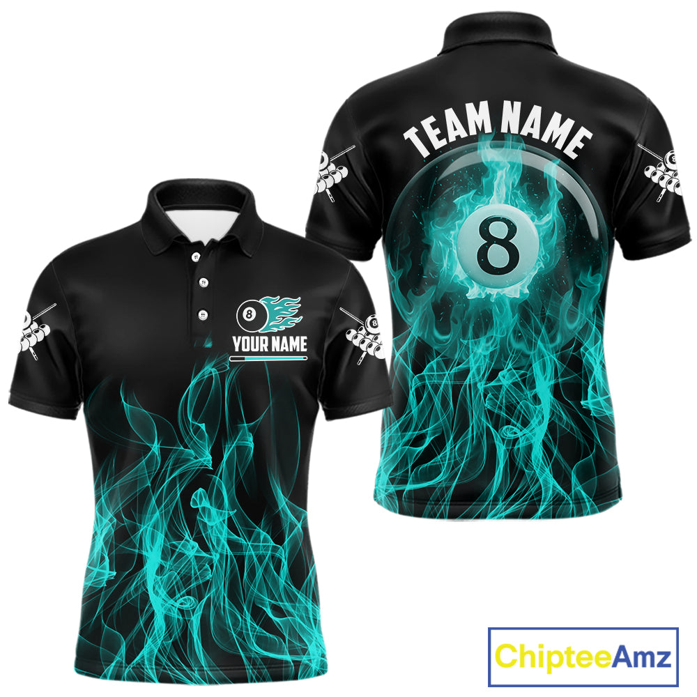 Turquoise Flaming 8 Ball Billiard Polo & 1/4 Zip For Men Custom Billiard Jersey, Pool Team Shirts TDM5433