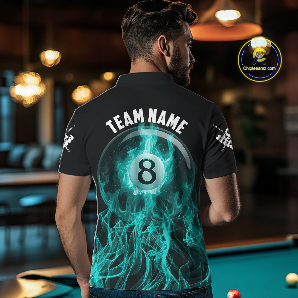Turquoise Flaming 8 Ball Billiard Polo & 1/4 Zip For Men Custom Billiard Jersey, Pool Team Shirts TDM5433