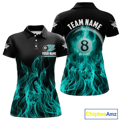 Turquoise Flaming 8 Ball Billiard Polo & 1/4 Zip For Women Custom Billiard Jersey, Pool Team Shirts TDM5433