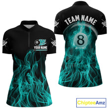 Load image into Gallery viewer, Turquoise Flaming 8 Ball Billiard Polo &amp; 1/4 Zip For Women Custom Billiard Jersey, Pool Team Shirts TDM5433