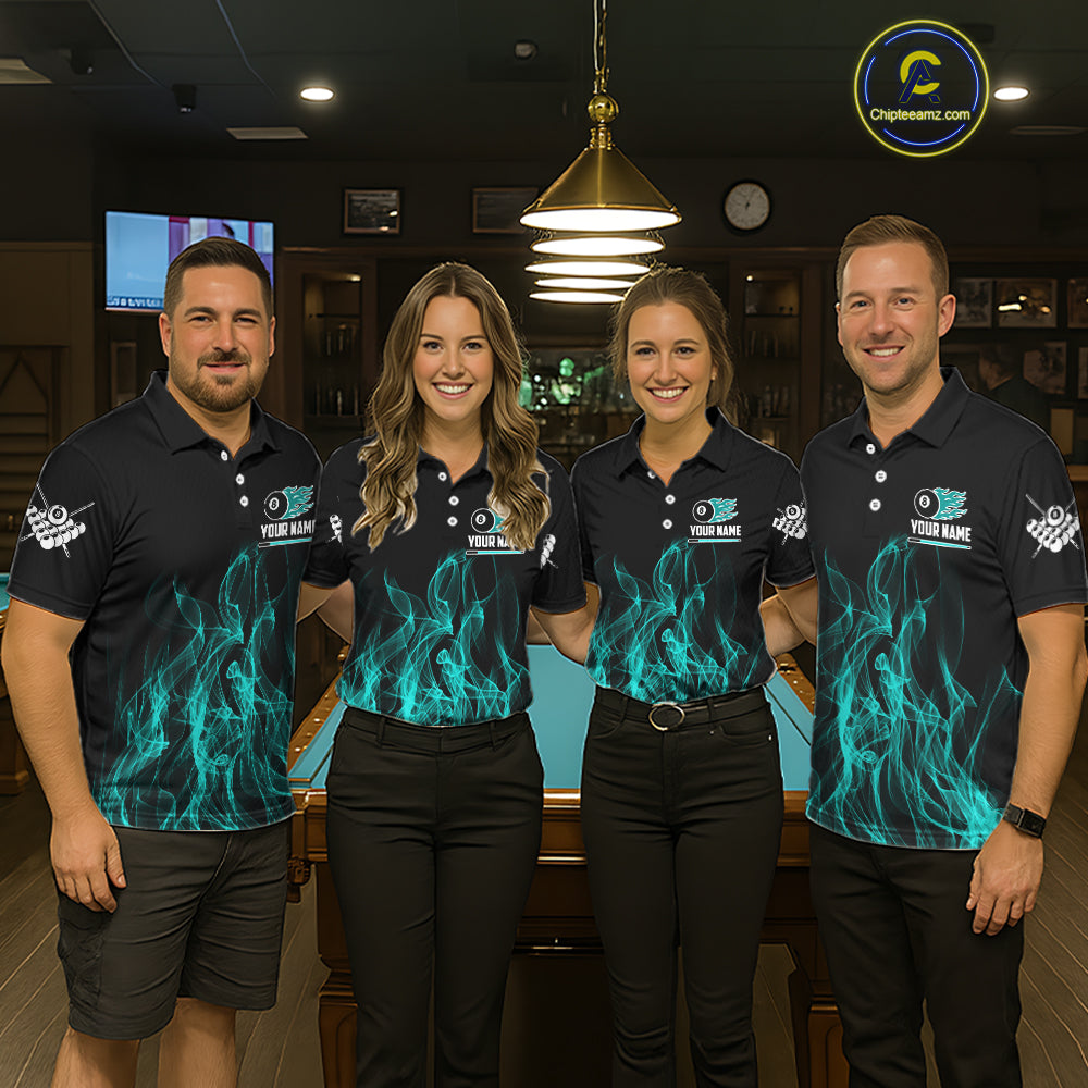 Turquoise Flaming 8 Ball Billiard Polo & 1/4 Zip For Women Custom Billiard Jersey, Pool Team Shirts TDM5433