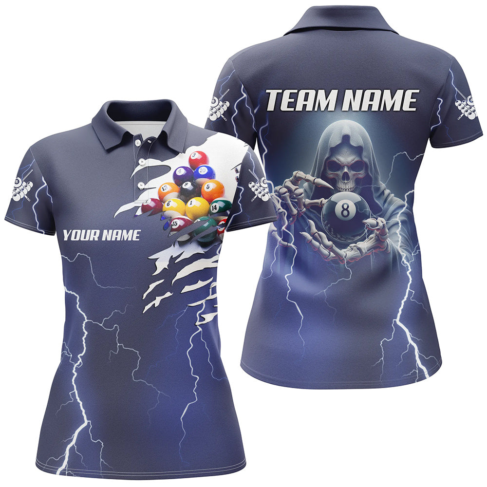 Billiard Skeleton Thunder Lighting Personalized Blue Women Polo Shirts, Billiards Jerseys Uniform TDM1091
