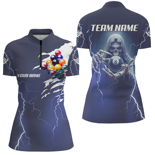 Billiard Skeleton Lighting Customized Blue Women Quarter-Zip Shirt Billiards Jerseys Uniform TDM1091