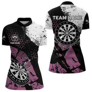 Pink Black Grunge Darts Polo, 1/4 Zip Custom Dart Shirt For Women Dart Jersey TDM3541