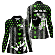 Load image into Gallery viewer, Green Shamrock Grunge US Flag Patriotic Bowling Shirts For Women Custom St Patrick Day Bowling Jersey TDM3545