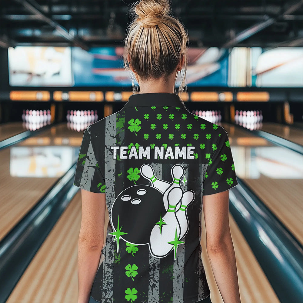 Green Shamrock Grunge US Flag Patriotic Bowling Shirts For Women Custom St Patrick Day Bowling Jersey TDM3545