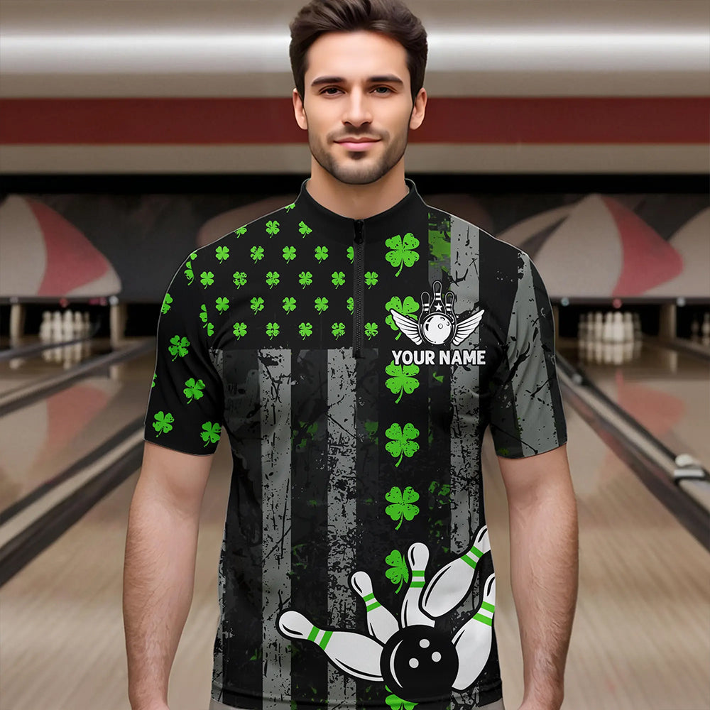 Green Shamrock Grunge US Flag Patriotic Bowling Shirts For Women Custom St Patrick Day Bowling Jersey TDM3545