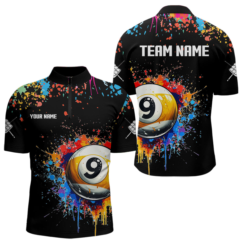 Funny 9 Ball Pool Colorful Paint Splash Custom Billiard Shirt For Men, Billiard Team Jersey | Black TDM3702