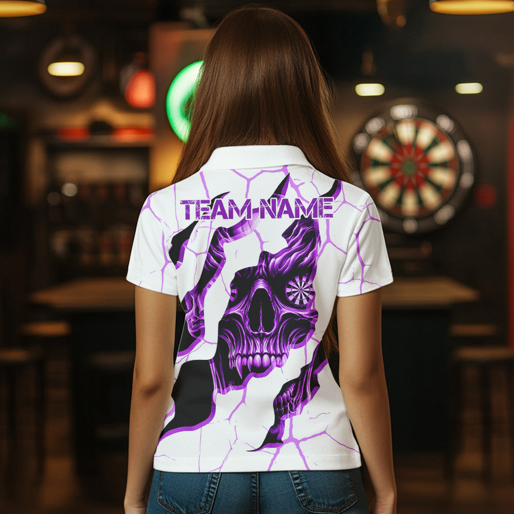 Personalized Skull White Purple Grunge Darts Polo & Quarter-Zip For Women Custom Dart Team Jerseys TDM3704