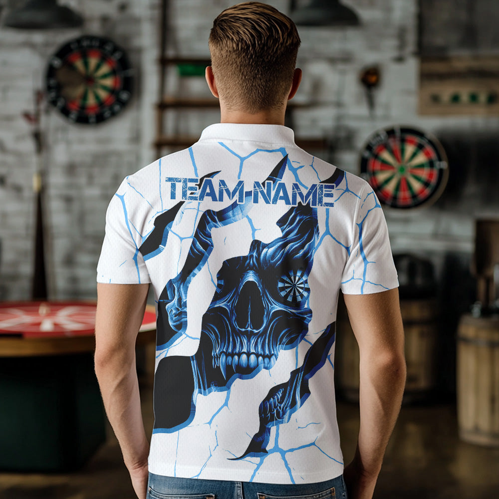 Personalized Skull White Blue Grunge Darts Polo & Quarter-Zip For Men Custom Dart Team Jerseys TDM3705