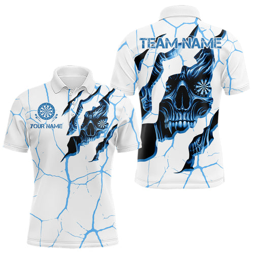 Personalized Skull White Blue Grunge Darts Polo & Quarter-Zip For Men Custom Dart Team Jerseys TDM3705