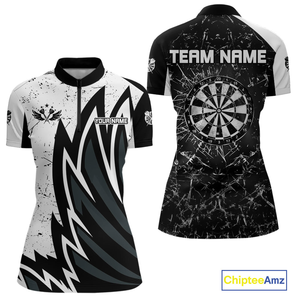 Personalized Black White Break Glass Dart Shirts For Women Custom Wings Dart Jersey Polo & 1/4 Zip TDM3881