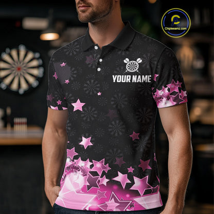 Funny Custom Dart Shirt For Men, Pink Black Glowing Star Pattern Darts Polo & Quarter Zip TDM3885