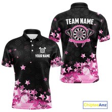 Load image into Gallery viewer, Funny Custom Dart Shirt For Men, Pink Black Glowing Star Pattern Darts Polo &amp; Quarter Zip TDM3885