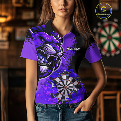 Purple Funny Darts Flame Lion Custom Polo & Quarter-Zip, Personalized Women Dart Shirts Dart Jerseys TDM3973