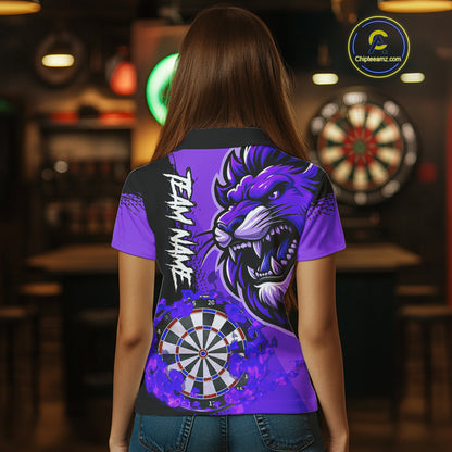 Purple Funny Darts Flame Lion Custom Polo & Quarter-Zip, Personalized Women Dart Shirts Dart Jerseys TDM3973