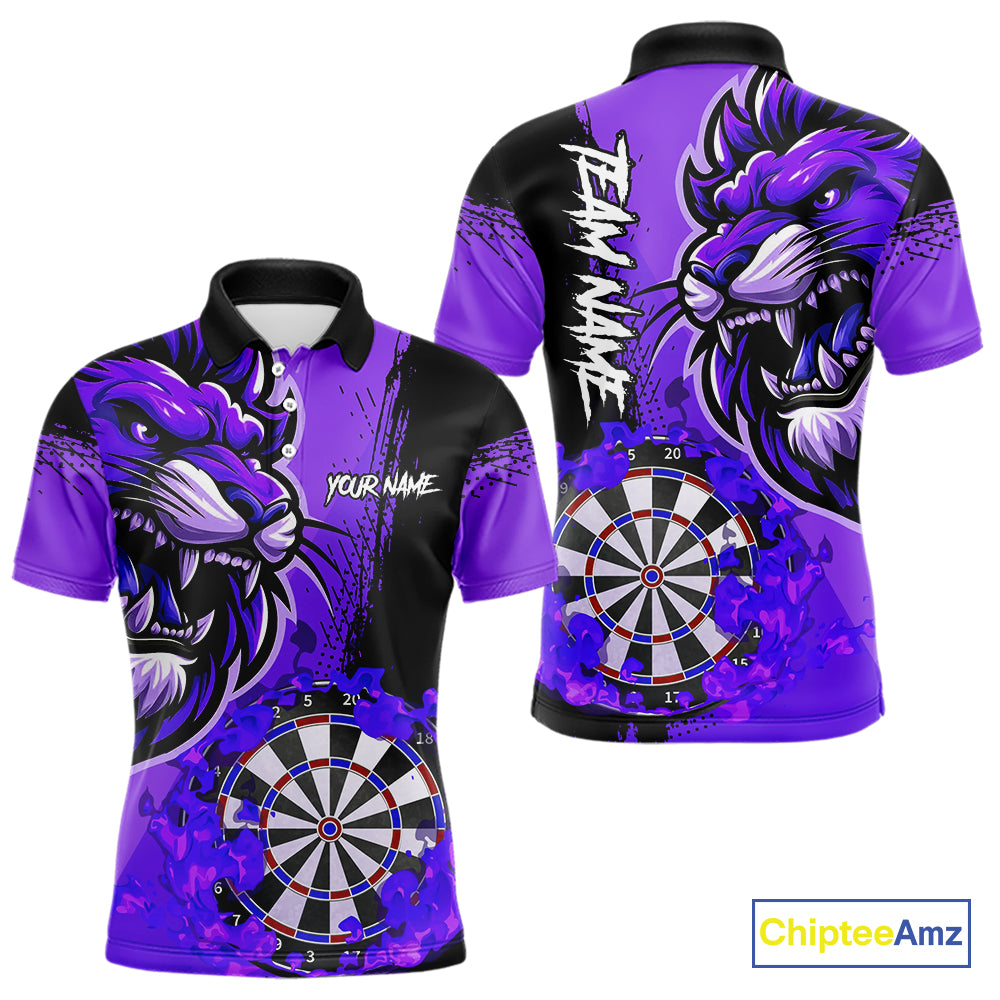 Purple Funny Darts Flame Lion Custom Polo & Quarter-Zip, Personalized Men Dart Shirts Dart Jerseys TDM3973