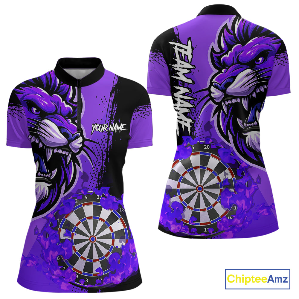 Purple Funny Darts Flame Lion Custom Polo & Quarter-Zip, Personalized Women Dart Shirts Dart Jerseys TDM3973