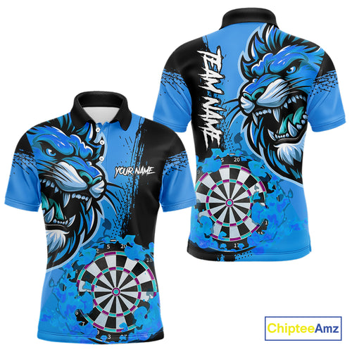 Blue Funny Darts Flame Lion Custom Polo & Quarter-Zip, Personalized Men Dart Shirts Dart Jerseys TDM3974