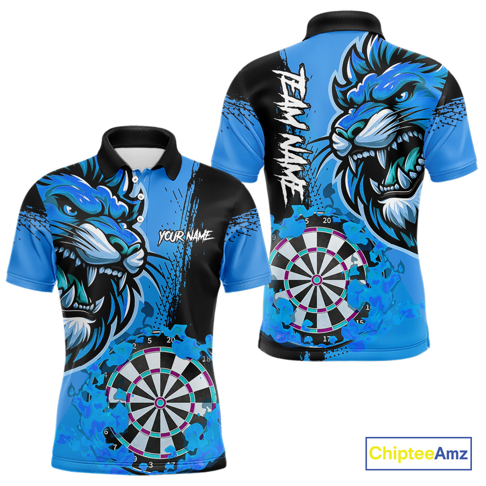 Blue Funny Darts Flame Lion Custom Polo & Quarter-Zip, Personalized Men Dart Shirts Dart Jerseys TDM3974