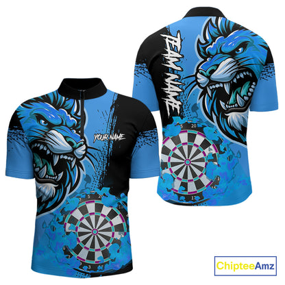 Blue Funny Darts Flame Lion Custom Polo & Quarter-Zip, Personalized Men Dart Shirts Dart Jerseys TDM3974