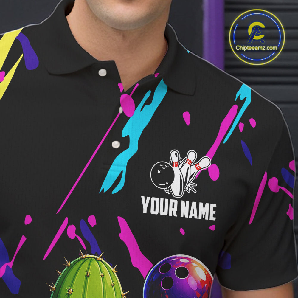 Colorful Bowling Jersey Funny Cactus Bowling Polo & 1/4 Zip For Men Custom Bowling Team Shirts TDM6492