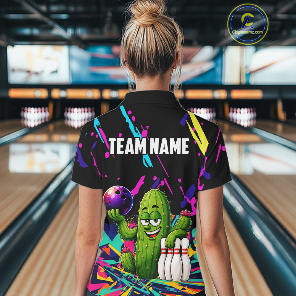 Colorful Bowling Jersey Funny Cactus Bowling Polo & 1/4 Zip For Women Custom Bowling Team Shirts TDM6492