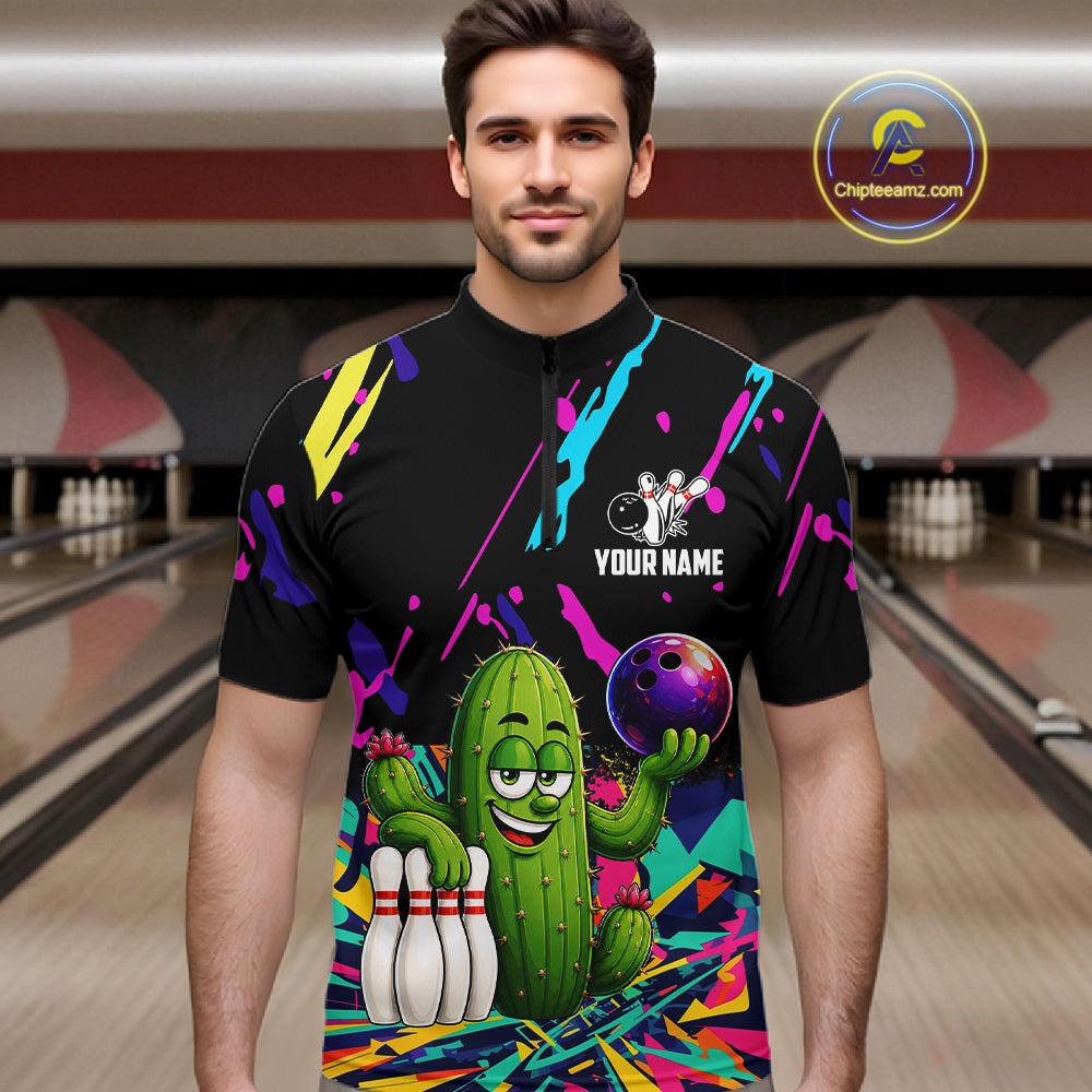 Colorful Bowling Jersey Funny Cactus Bowling Polo & 1/4 Zip For Men Custom Bowling Team Shirts TDM6492