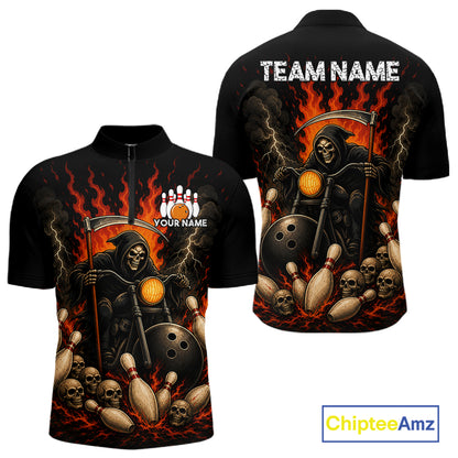 Funny Grim Reaper Motorcycle Bowling Shirts For Men Custom Orange Flame Bowling Team Jersey TDM7214