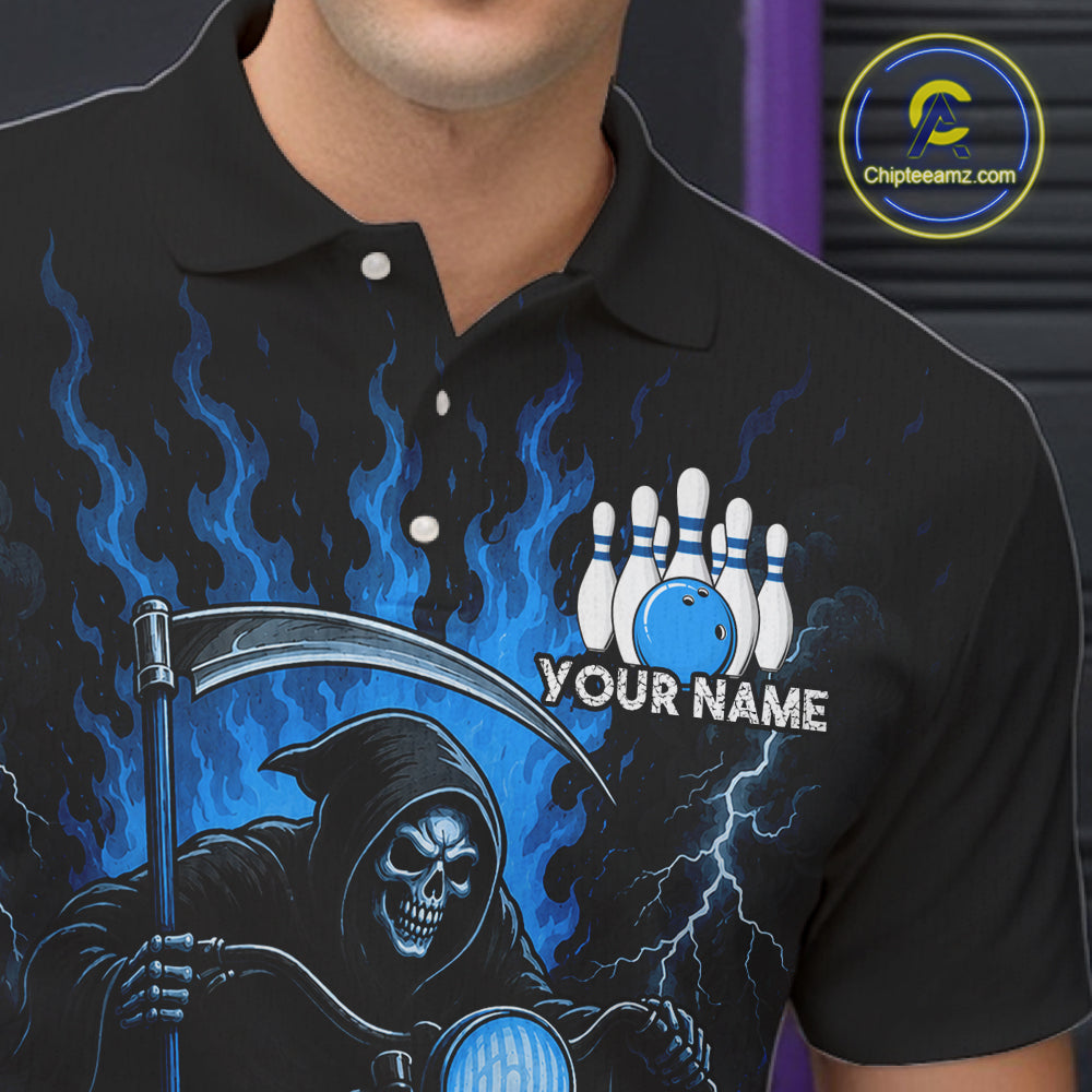 Funny Grim Reaper Motorcycle Bowling Shirts For Men Custom Blue Flaming Bowling Team Jersey TDM7215