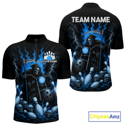 Funny Grim Reaper Motorcycle Bowling Shirts For Men Custom Blue Flaming Bowling Team Jersey TDM7215