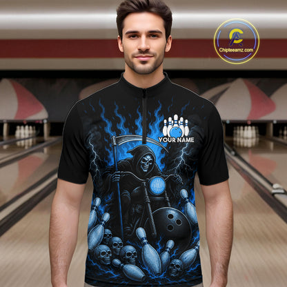 Funny Grim Reaper Motorcycle Bowling Shirts For Men Custom Blue Flaming Bowling Team Jersey TDM7215