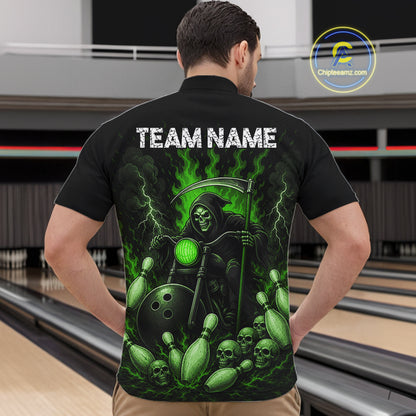 Funny Grim Reaper Motorcycle Bowling Shirts For Men Custom Green Flaming Bowling Team Jersey TDM7216