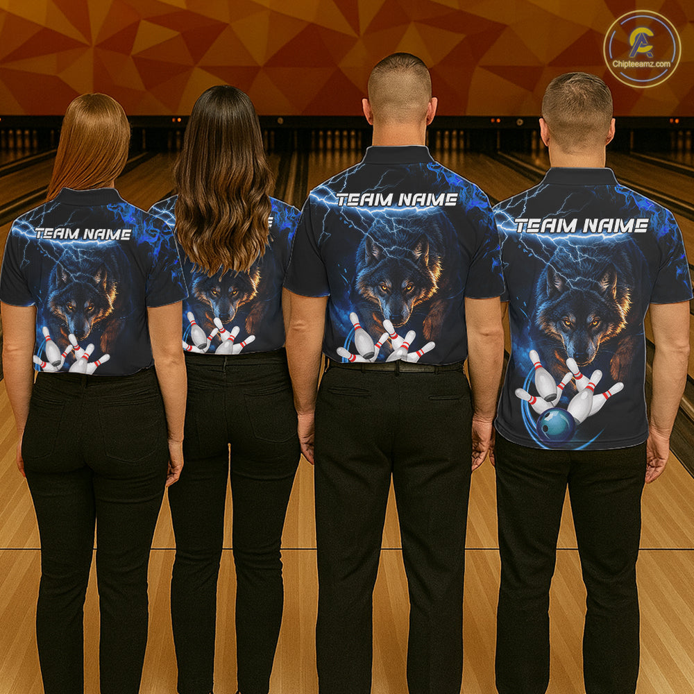 Personalized Blue Lightning Thunder Wolf Bowling Shirts For Women Custom Bowling League Team Jersey TDM7217