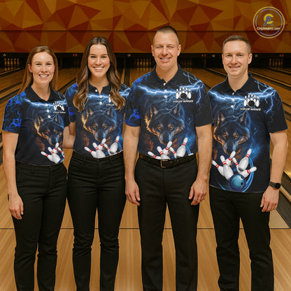 Personalized Blue Lightning Thunder Wolf Bowling Shirts For Women Custom Bowling League Team Jersey TDM7217