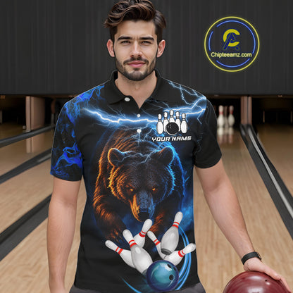 Personalized Blue Lightning Thunder Bear Bowling Shirts For Men Custom Bowling League Team Jersey TDM7218