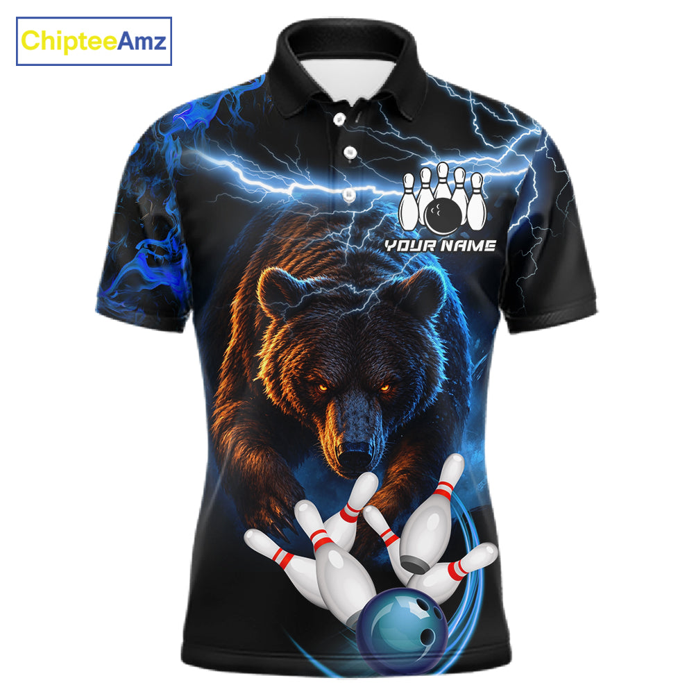 Personalized Blue Lightning Thunder Bear Bowling Shirts For Men Custom Bowling League Team Jersey TDM7218