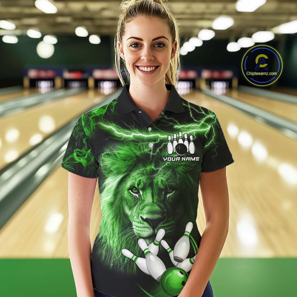 Personalized Green Lightning Thunder Lion Bowling Shirts For Women Custom Bowling Team Jerseys TDM7220