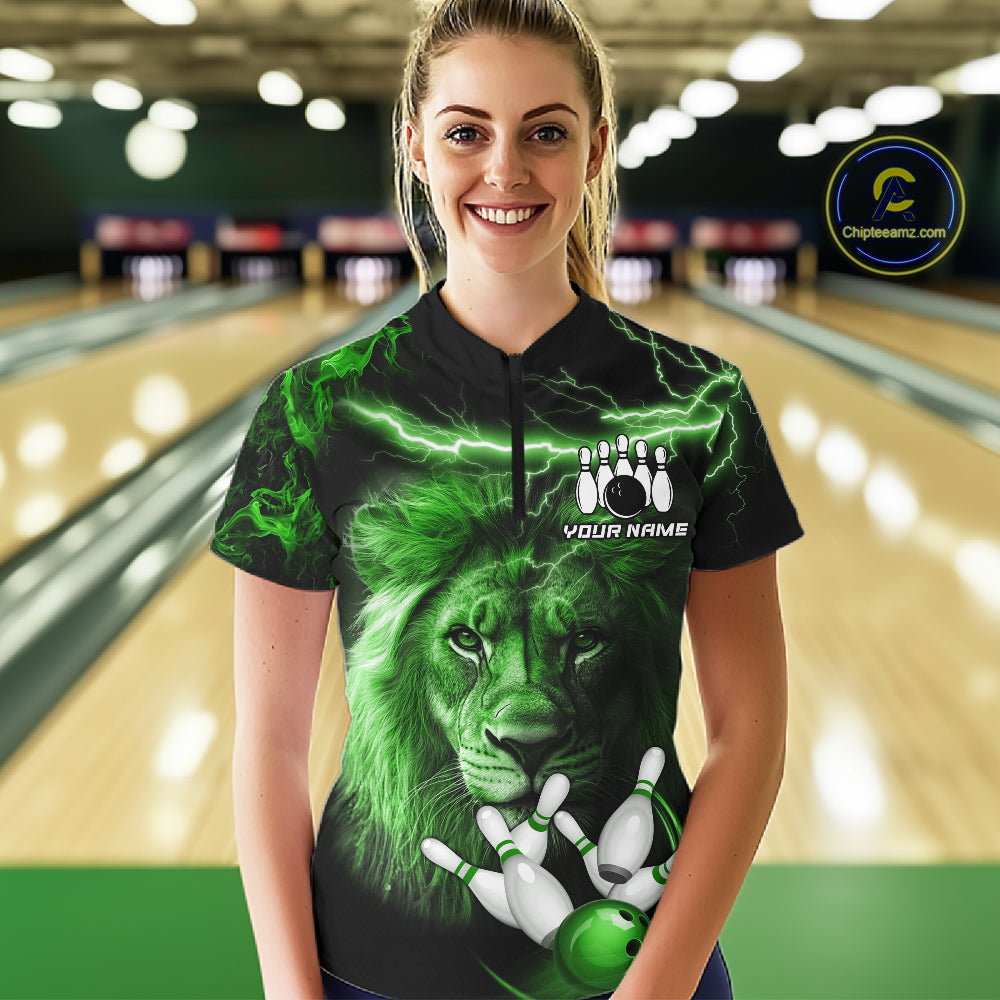 Personalized Green Lightning Thunder Lion Bowling Shirts For Women Custom Bowling Team Jerseys TDM7220