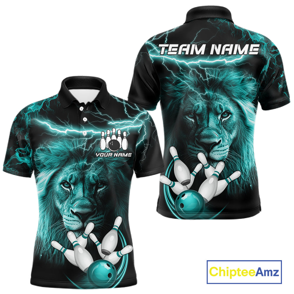 Personalized Turquoise Lightning Thunder Lion Bowling Shirts For Men Custom Bowling Team Jerseys TDM7221