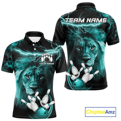 Personalized Turquoise Lightning Thunder Lion Bowling Shirts For Men Custom Bowling Team Jerseys TDM7221