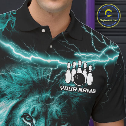 Personalized Turquoise Lightning Thunder Lion Bowling Shirts For Men Custom Bowling Team Jerseys TDM7221