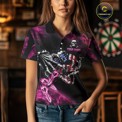 Fire Flame Darts Board American Flag Skull Dart Shirts For Women Custom Darts Team Jerseys |Pink TDM4774